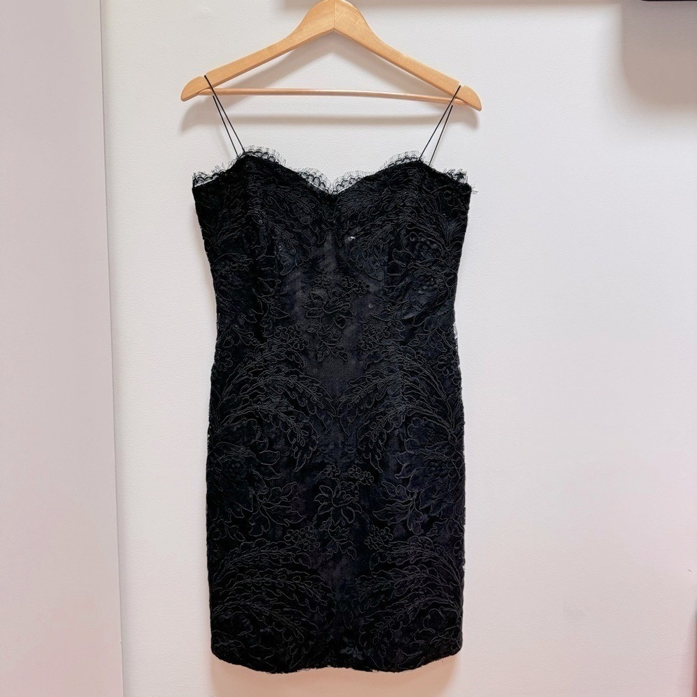 Carmen Marc Valvo Couture Sequin over Lace‎ Mini Dress Prom Wedding Black Size 8